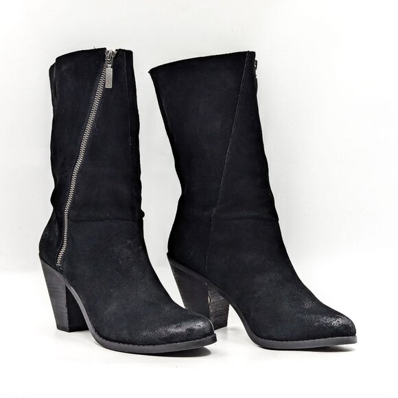 Adam Tucker Women Pelican Black Distress Suede Zip Heel Mid Boots sz 10 - Picture 1 of 11